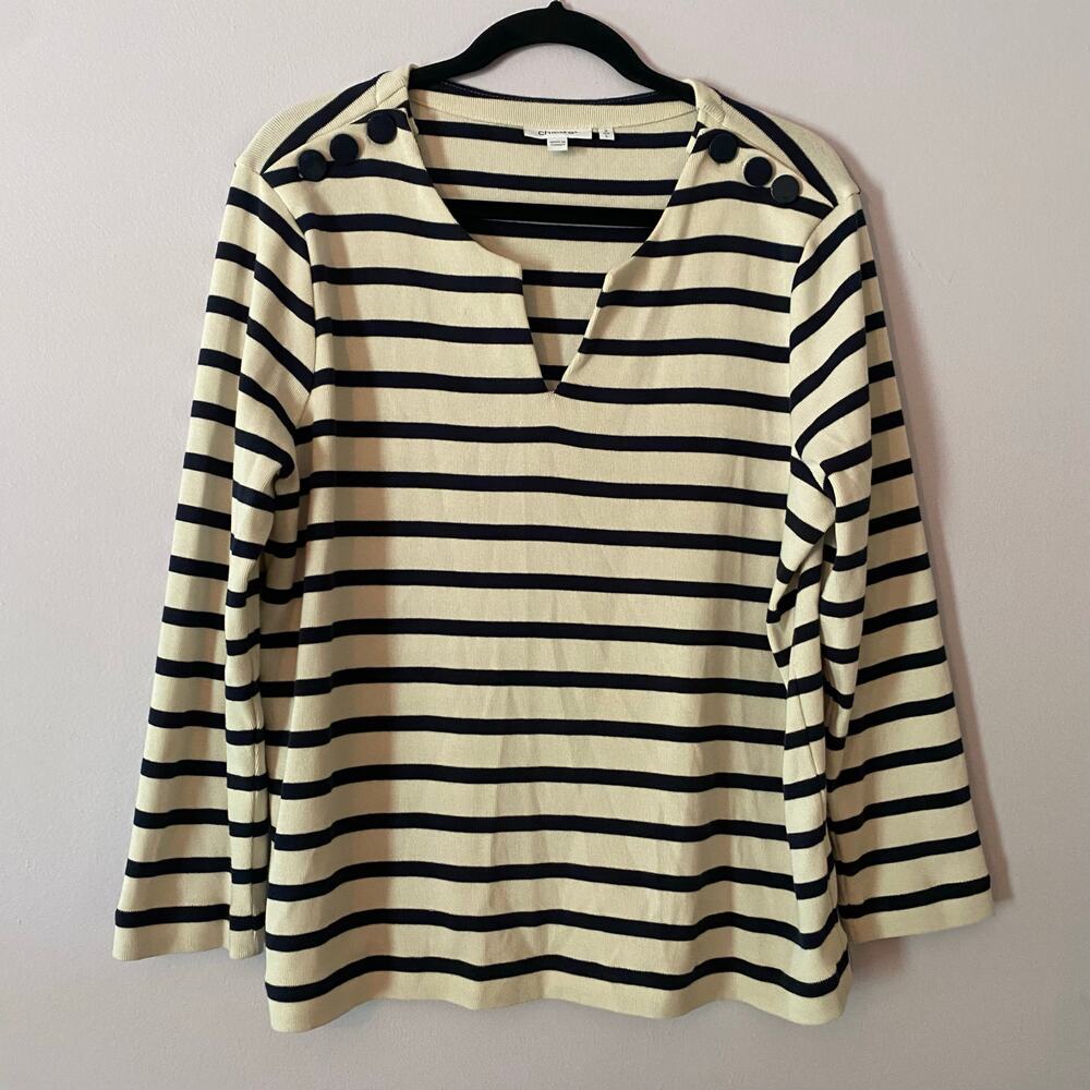 Chico's Blue Cream Stripe Popover Sweater Nautical Sailor Women's size 2 / Large